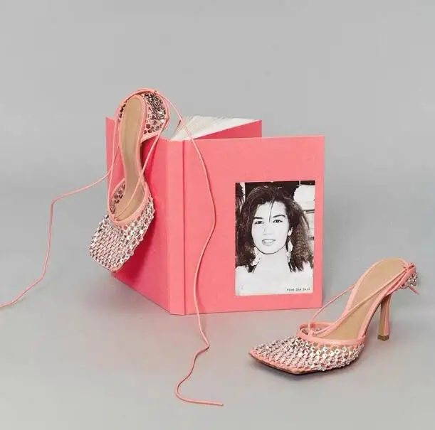 Luxury Woman Black Apricot Pink Bling Diamond Crystal Hollow Out Mesh Square Toe Sandals Female Lace Up Stiletto Heels Shoes