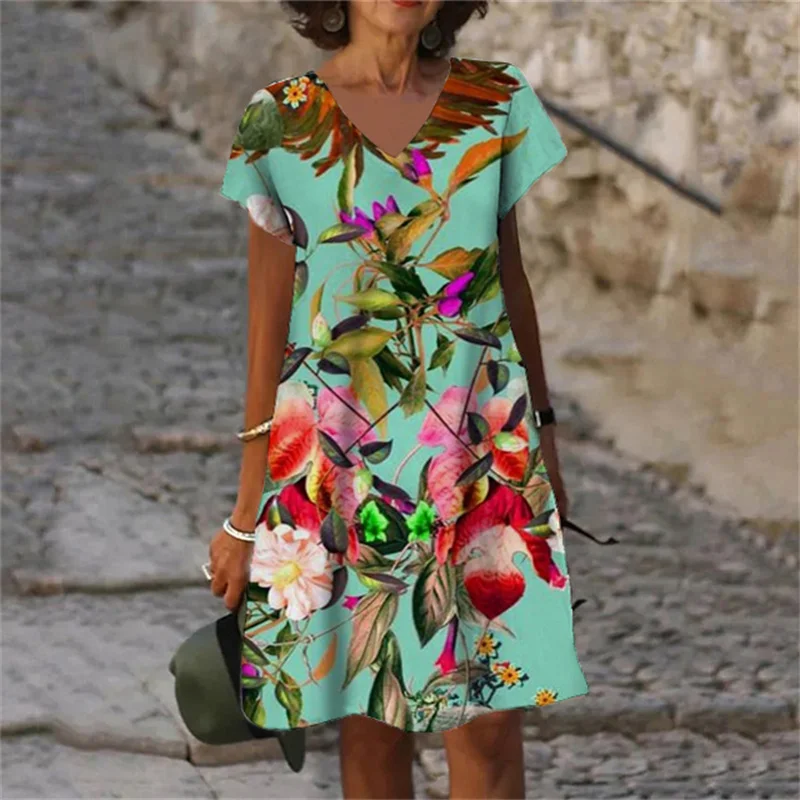 2023 New Summer Flowers Plant 3D Print Women Dresses Oversized Clothing Retro Short Sleeve V-Neck Dress Female Sundress Vestidos