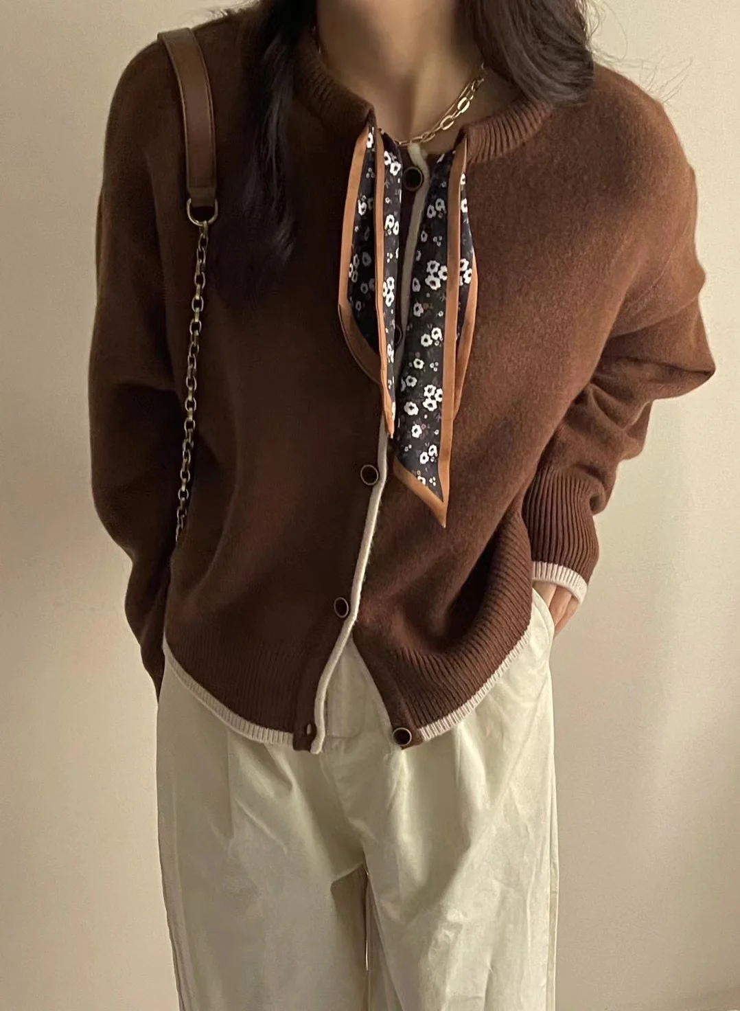 Bow-tie ribbon pure cashmere cardigan sweater early spring temperament round collar loose wool coat