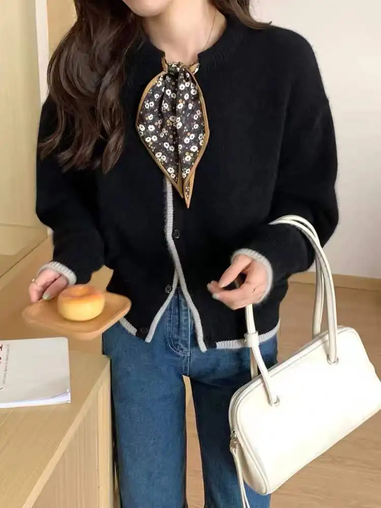Bow-tie ribbon pure cashmere cardigan sweater early spring temperament round collar loose wool coat