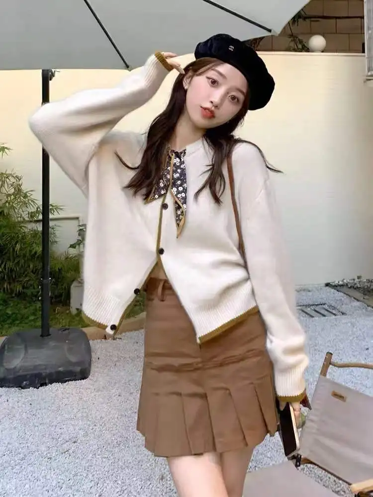 Bow-tie ribbon pure cashmere cardigan sweater early spring temperament round collar loose wool coat