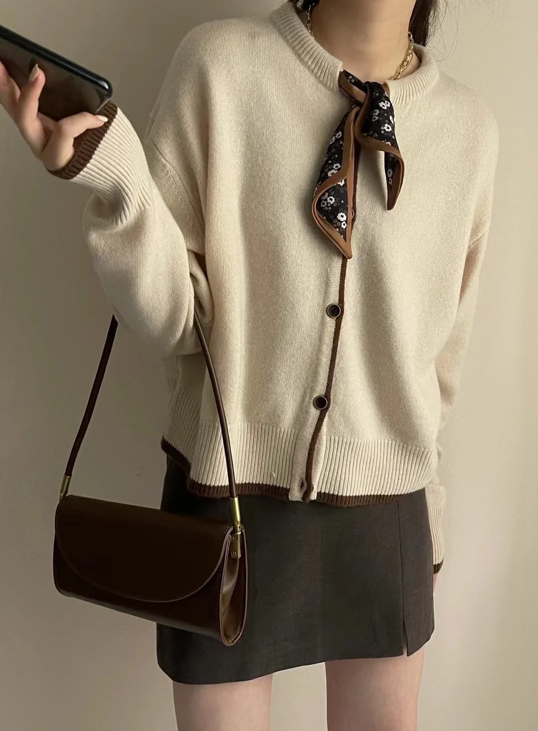 Bow-tie ribbon pure cashmere cardigan sweater early spring temperament round collar loose wool coat