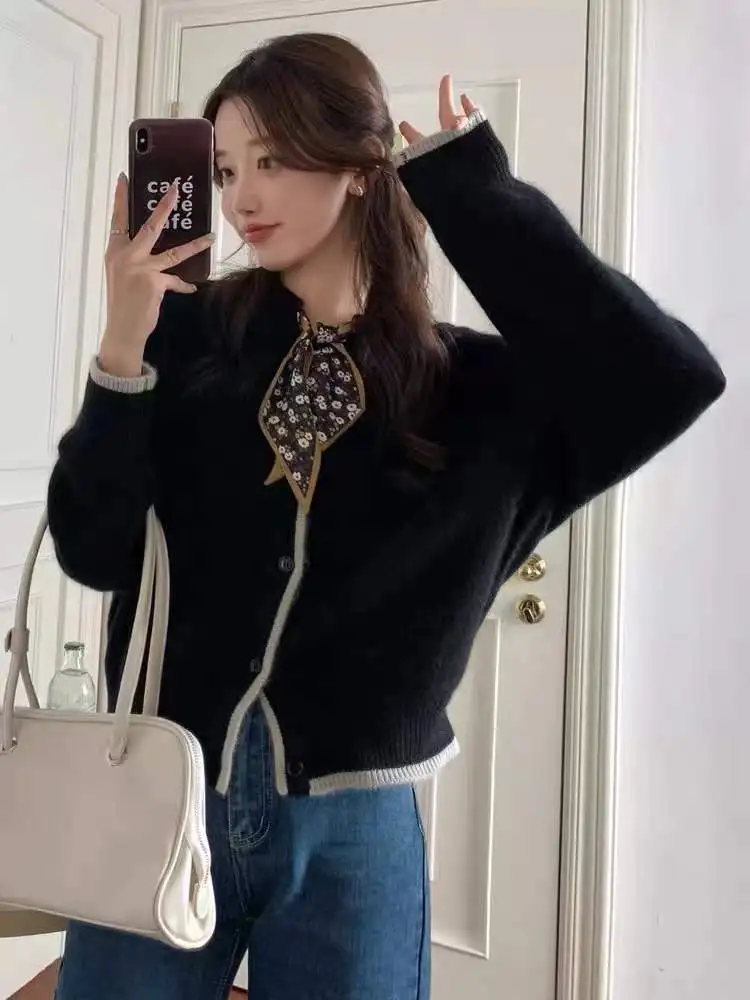 Bow-tie ribbon pure cashmere cardigan sweater early spring temperament round collar loose wool coat