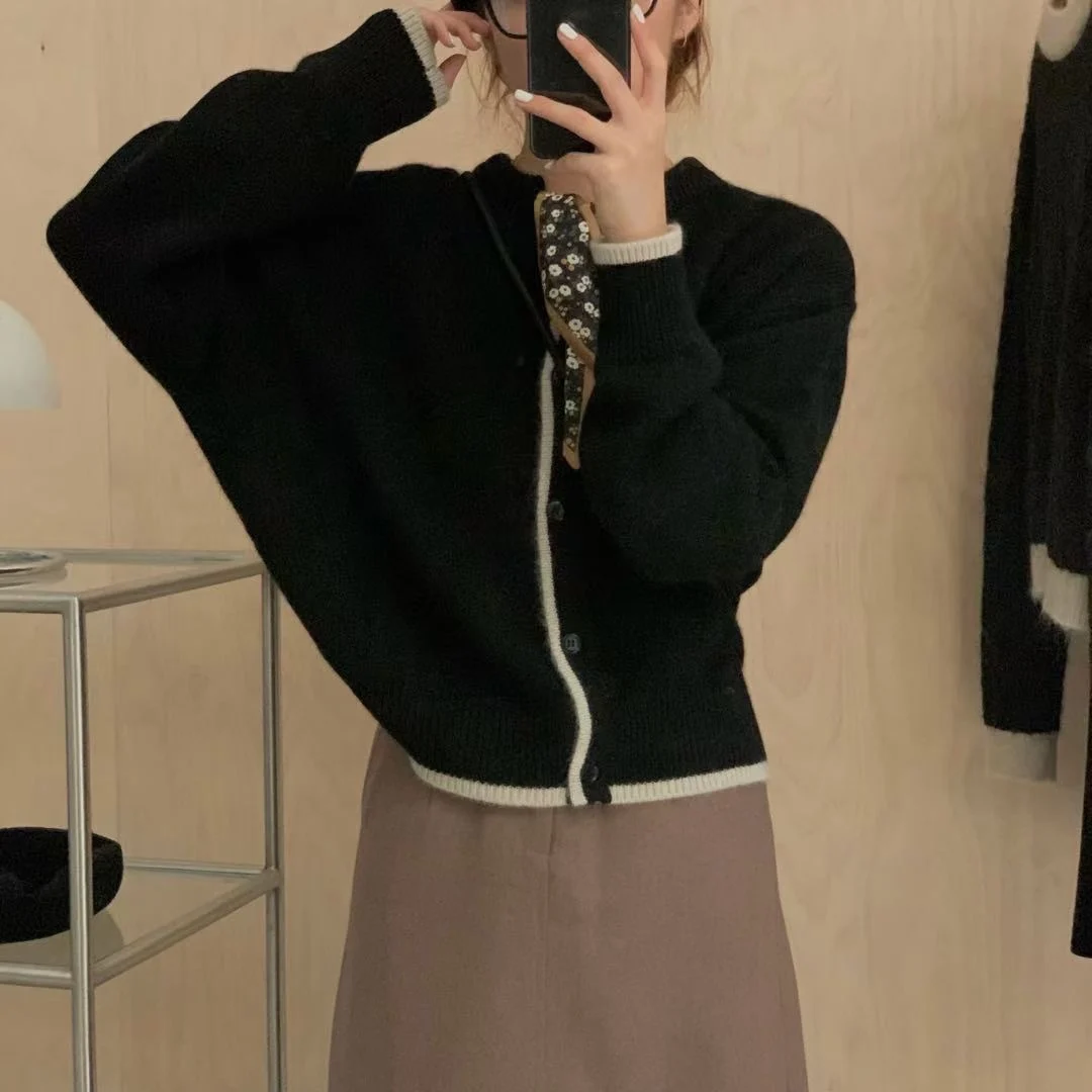 Bow-tie ribbon pure cashmere cardigan sweater early spring temperament round collar loose wool coat