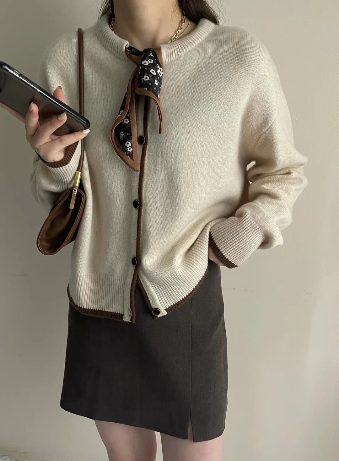 Bow-tie ribbon pure cashmere cardigan sweater early spring temperament round collar loose wool coat