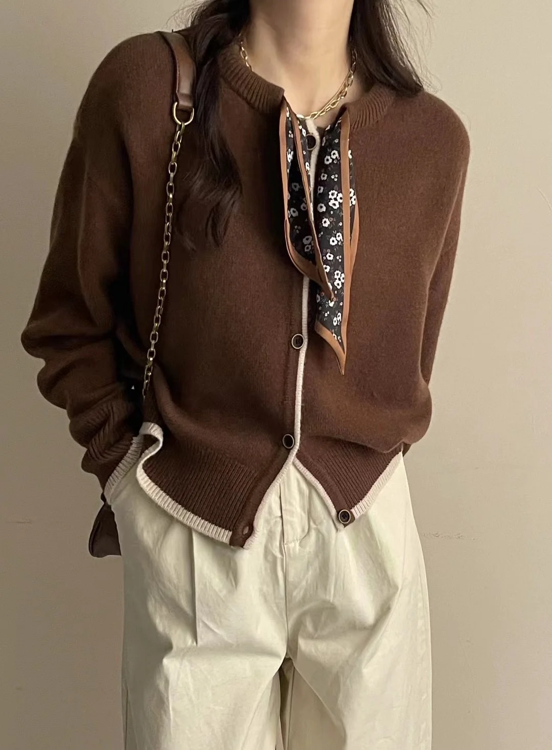 Bow-tie ribbon pure cashmere cardigan sweater early spring temperament round collar loose wool coat