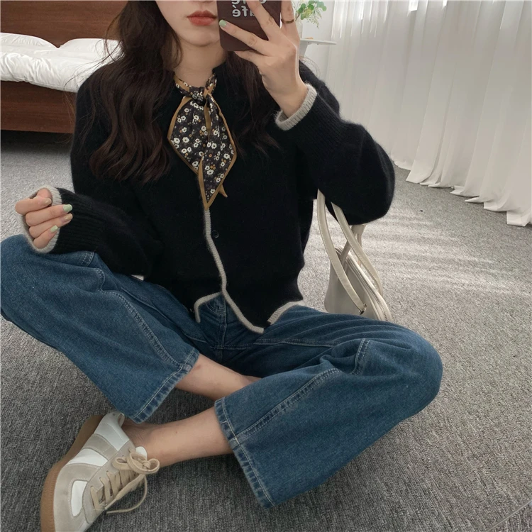 Bow-tie ribbon pure cashmere cardigan sweater early spring temperament round collar loose wool coat
