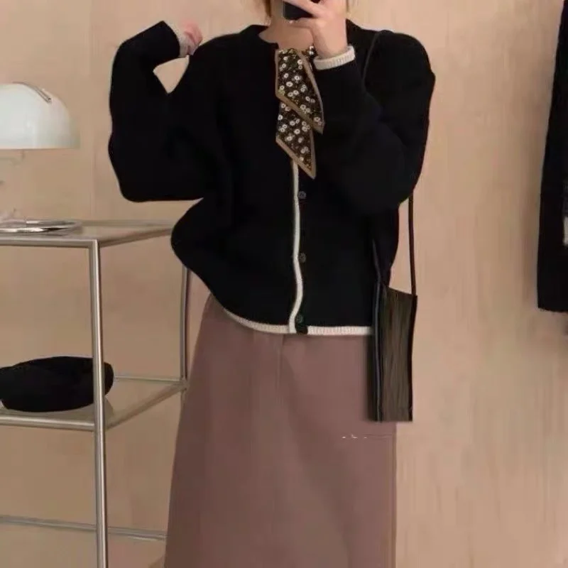 Bow-tie ribbon pure cashmere cardigan sweater early spring temperament round collar loose wool coat