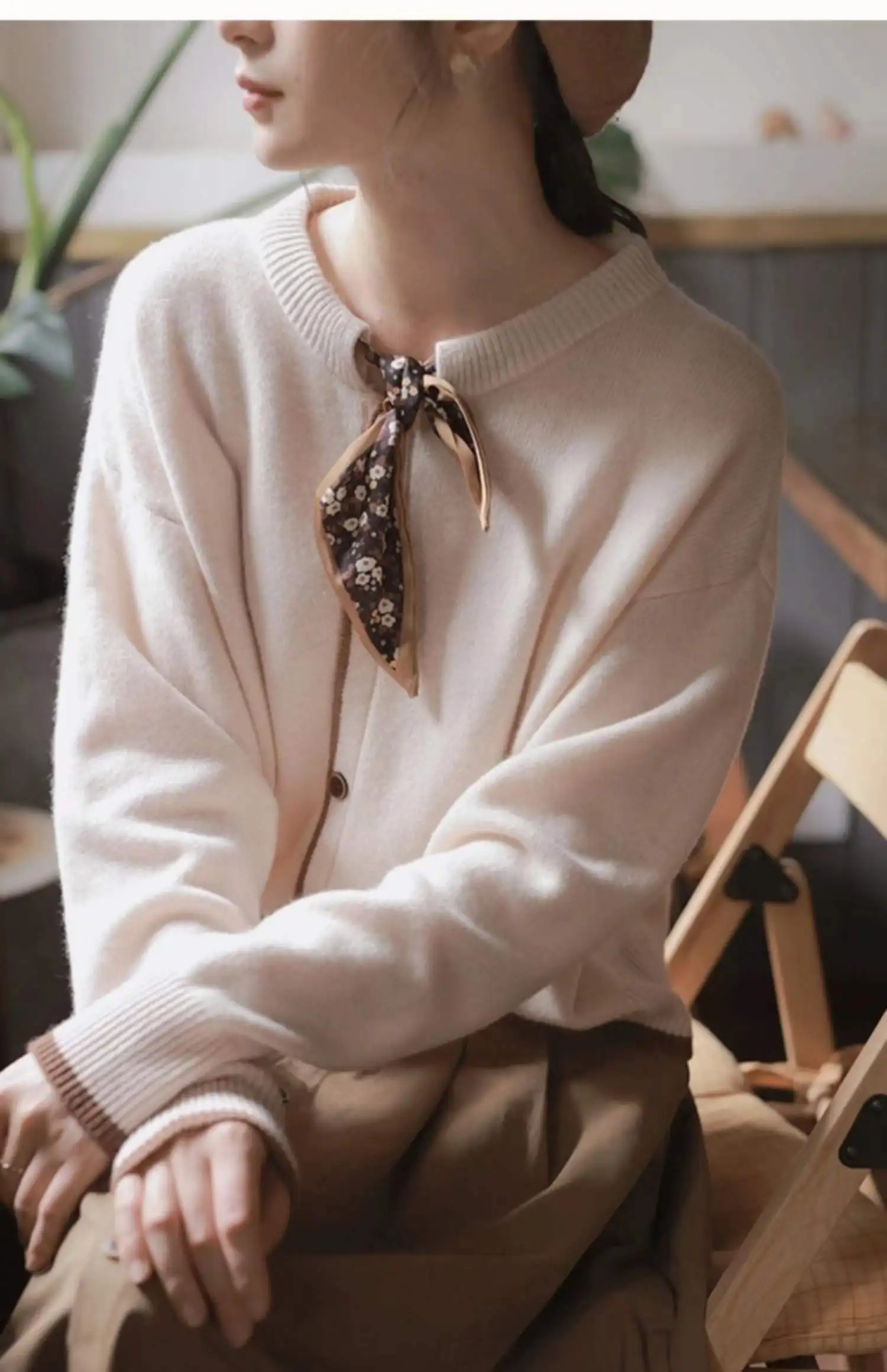 Bow-tie ribbon pure cashmere cardigan sweater early spring temperament round collar loose wool coat
