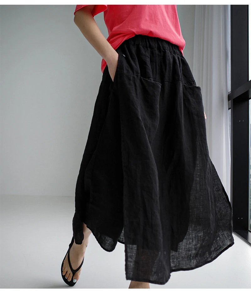 100% Linen Long Skirts For Women Fashion 2026 Solid High Waist Side Spilt Harajuku Pants Skirt Jupe Longue Femme