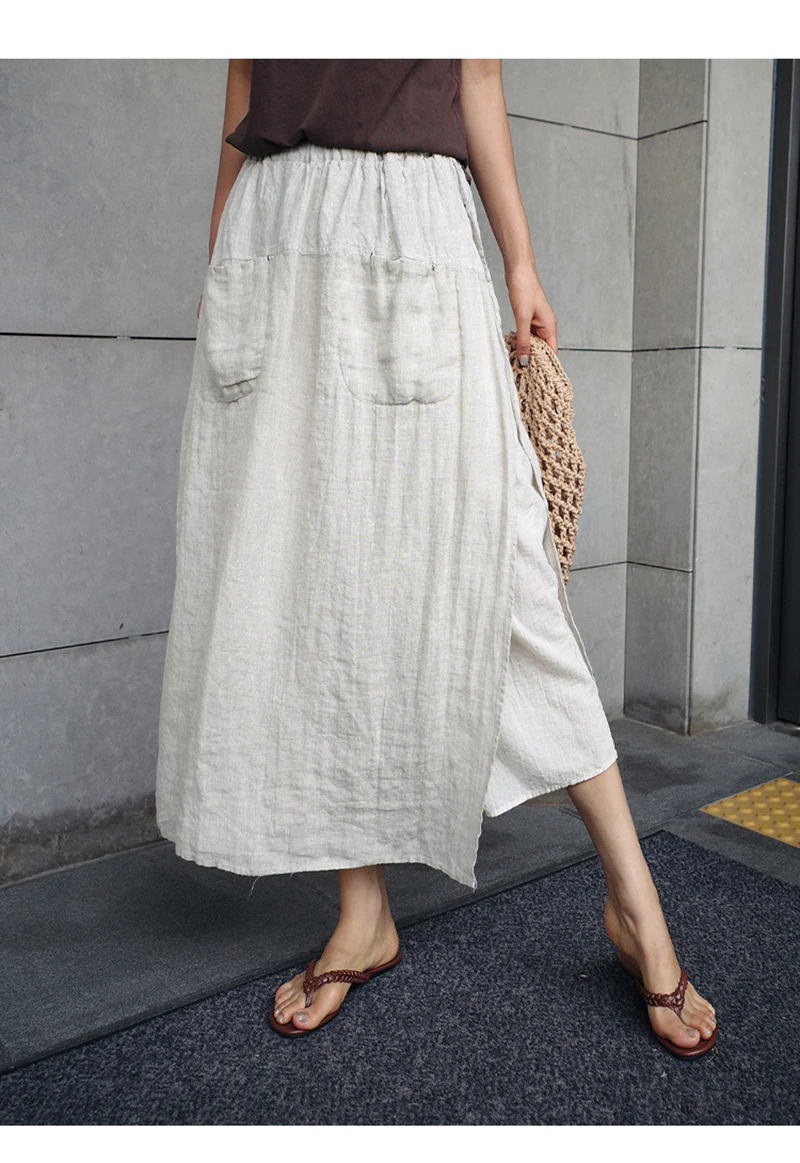 100% Linen Long Skirts For Women Fashion 2026 Solid High Waist Side Spilt Harajuku Pants Skirt Jupe Longue Femme