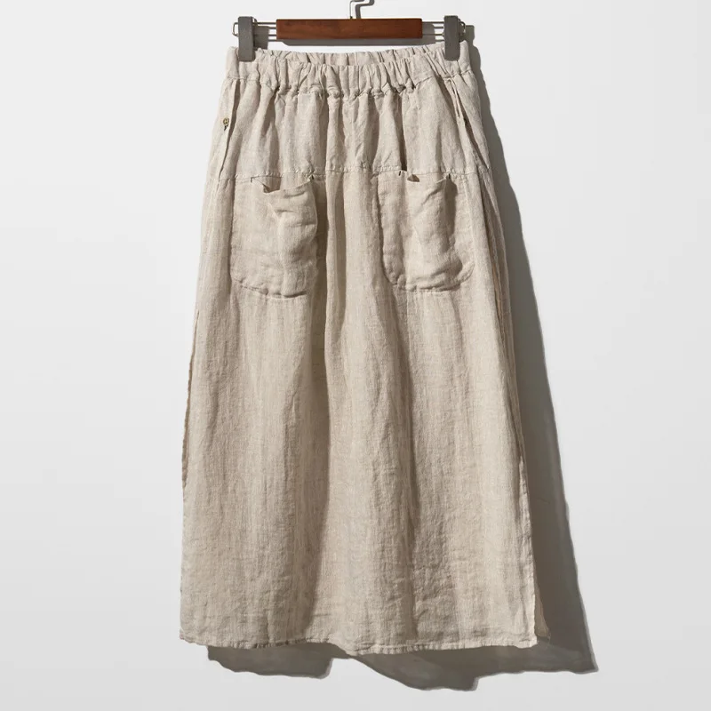 100% Linen Long Skirts For Women Fashion 2026 Solid High Waist Side Spilt Harajuku Pants Skirt Jupe Longue Femme