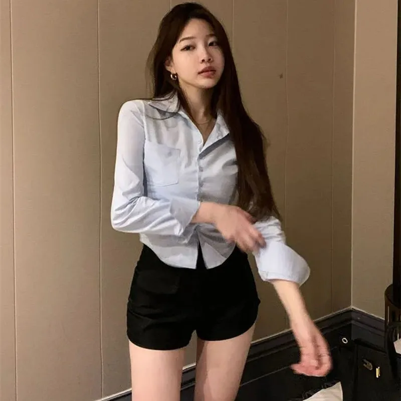 Xpqbb White Shirts Women Korean Style Buttons Folds Slim Fit Crop Tops Female All-Match Daily Design Office Long Sleeve Blouses