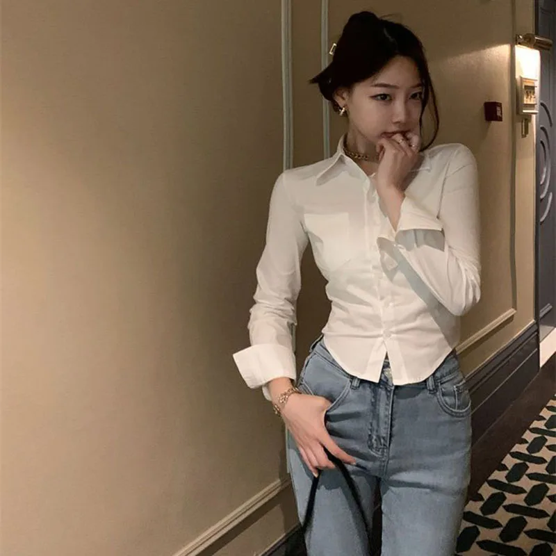 Xpqbb White Shirts Women Korean Style Buttons Folds Slim Fit Crop Tops Female All-Match Daily Design Office Long Sleeve Blouses