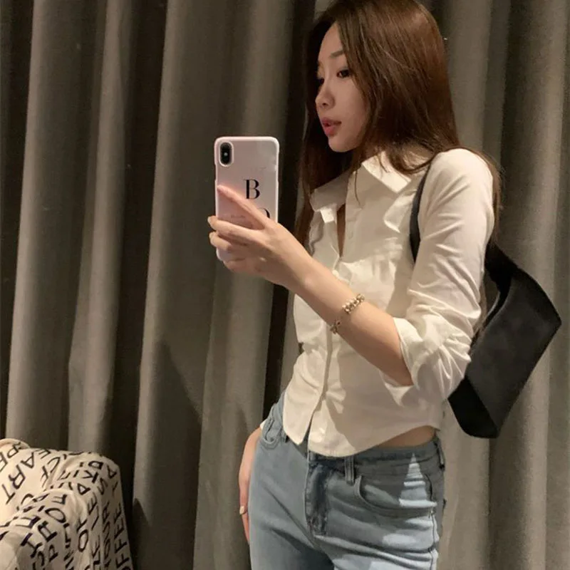 Xpqbb White Shirts Women Korean Style Buttons Folds Slim Fit Crop Tops Female All-Match Daily Design Office Long Sleeve Blouses