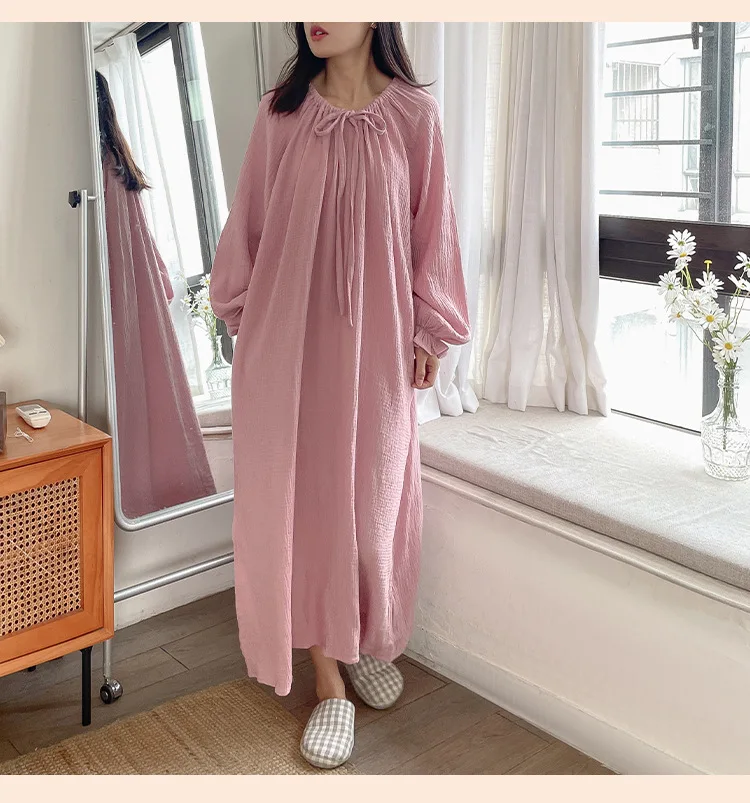 100% Cotton Gauze Maxi Dresses For Women Casual Solid Long Sleeve Bandage Lace Up Oversized Long Dresses Comfortable Homewear