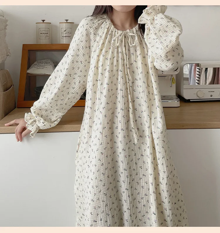 100% Cotton Gauze Maxi Dresses For Women Casual Solid Long Sleeve Bandage Lace Up Oversized Long Dresses Comfortable Homewear
