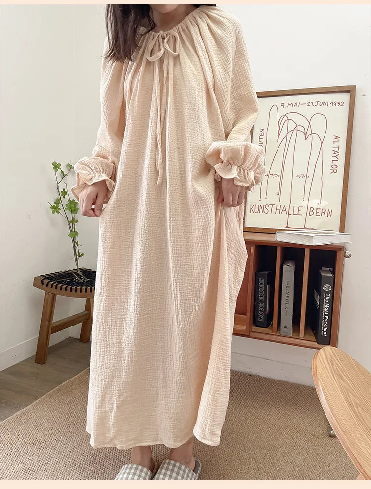 100% Cotton Gauze Maxi Dresses For Women Casual Solid Long Sleeve Bandage Lace Up Oversized Long Dresses Comfortable Homewear