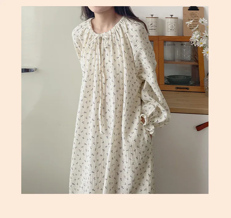 100% Cotton Gauze Maxi Dresses For Women Casual Solid Long Sleeve Bandage Lace Up Oversized Long Dresses Comfortable Homewear