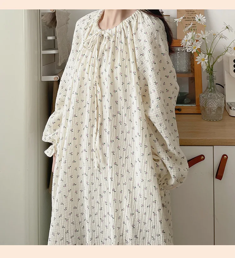 100% Cotton Gauze Maxi Dresses For Women Casual Solid Long Sleeve Bandage Lace Up Oversized Long Dresses Comfortable Homewear