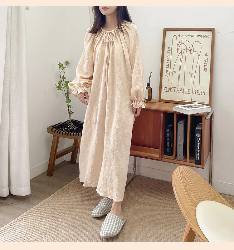100% Cotton Gauze Maxi Dresses For Women Casual Solid Long Sleeve Bandage Lace Up Oversized Long Dresses Comfortable Homewear