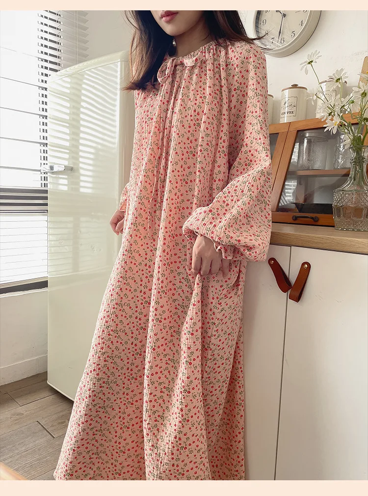 100% Cotton Gauze Maxi Dresses For Women Casual Solid Long Sleeve Bandage Lace Up Oversized Long Dresses Comfortable Homewear