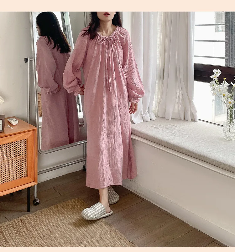 100% Cotton Gauze Maxi Dresses For Women Casual Solid Long Sleeve Bandage Lace Up Oversized Long Dresses Comfortable Homewear