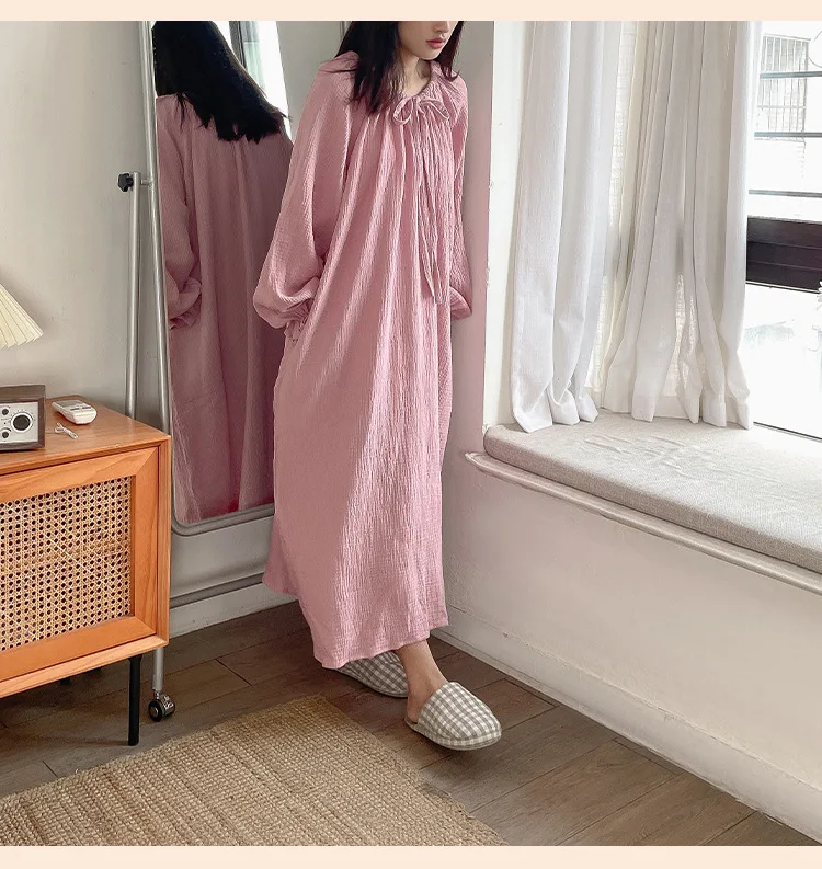100% Cotton Gauze Maxi Dresses For Women Casual Solid Long Sleeve Bandage Lace Up Oversized Long Dresses Comfortable Homewear