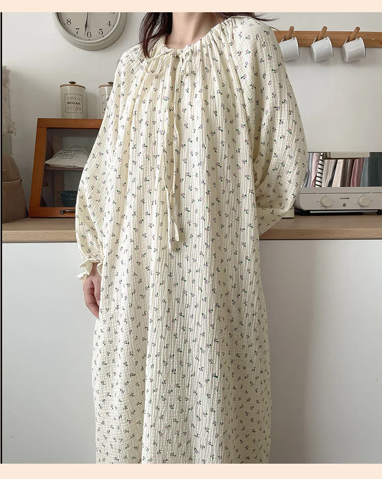 100% Cotton Gauze Maxi Dresses For Women Casual Solid Long Sleeve Bandage Lace Up Oversized Long Dresses Comfortable Homewear