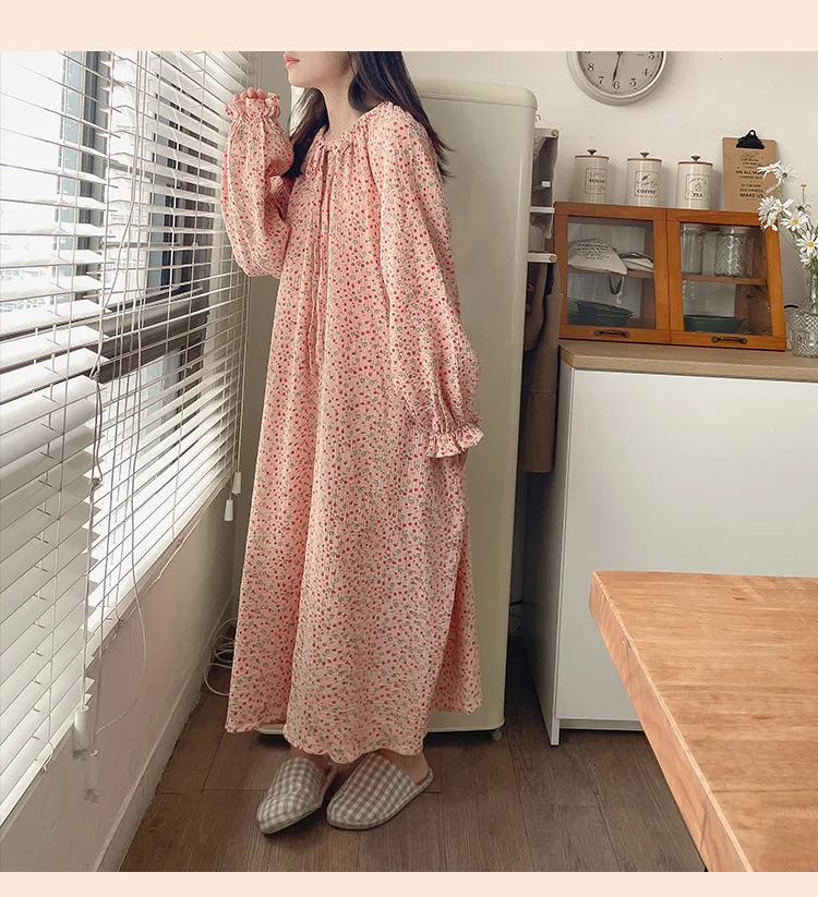 100% Cotton Gauze Maxi Dresses For Women Casual Solid Long Sleeve Bandage Lace Up Oversized Long Dresses Comfortable Homewear