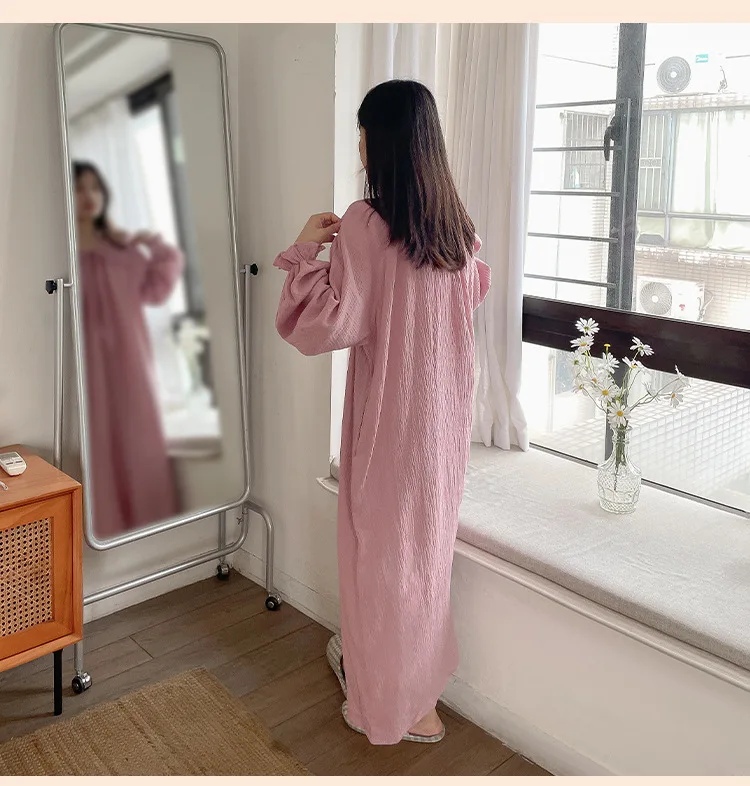100% Cotton Gauze Maxi Dresses For Women Casual Solid Long Sleeve Bandage Lace Up Oversized Long Dresses Comfortable Homewear