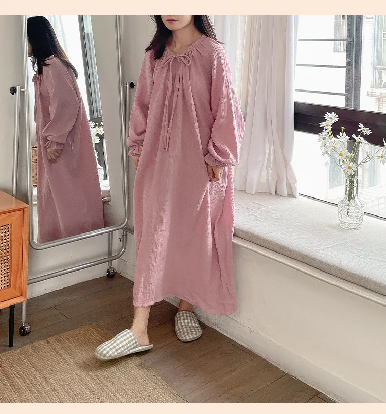 100% Cotton Gauze Maxi Dresses For Women Casual Solid Long Sleeve Bandage Lace Up Oversized Long Dresses Comfortable Homewear
