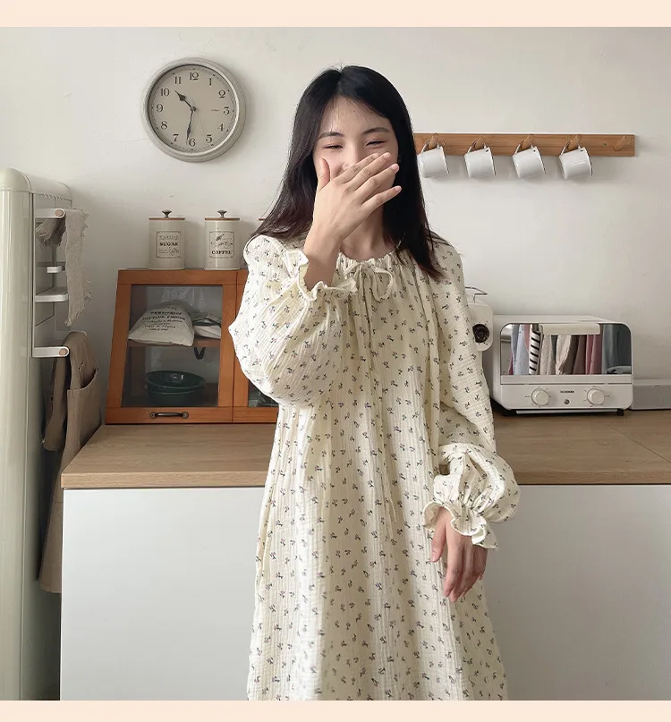 100% Cotton Gauze Maxi Dresses For Women Casual Solid Long Sleeve Bandage Lace Up Oversized Long Dresses Comfortable Homewear