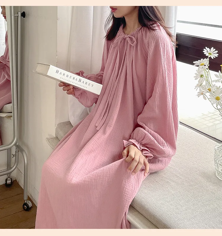 100% Cotton Gauze Maxi Dresses For Women Casual Solid Long Sleeve Bandage Lace Up Oversized Long Dresses Comfortable Homewear