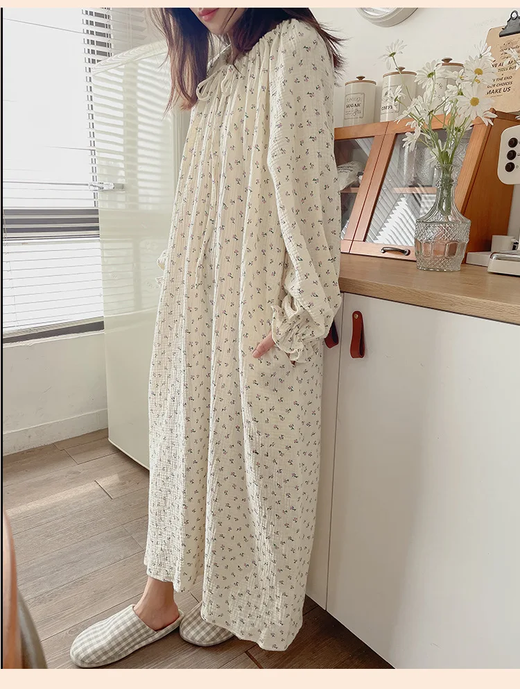 100% Cotton Gauze Maxi Dresses For Women Casual Solid Long Sleeve Bandage Lace Up Oversized Long Dresses Comfortable Homewear