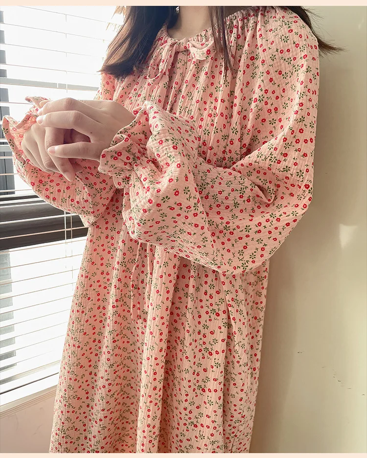 100% Cotton Gauze Maxi Dresses For Women Casual Solid Long Sleeve Bandage Lace Up Oversized Long Dresses Comfortable Homewear