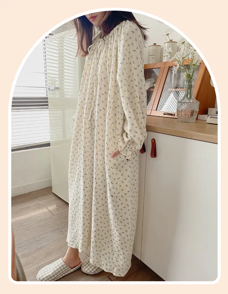 100% Cotton Gauze Maxi Dresses For Women Casual Solid Long Sleeve Bandage Lace Up Oversized Long Dresses Comfortable Homewear