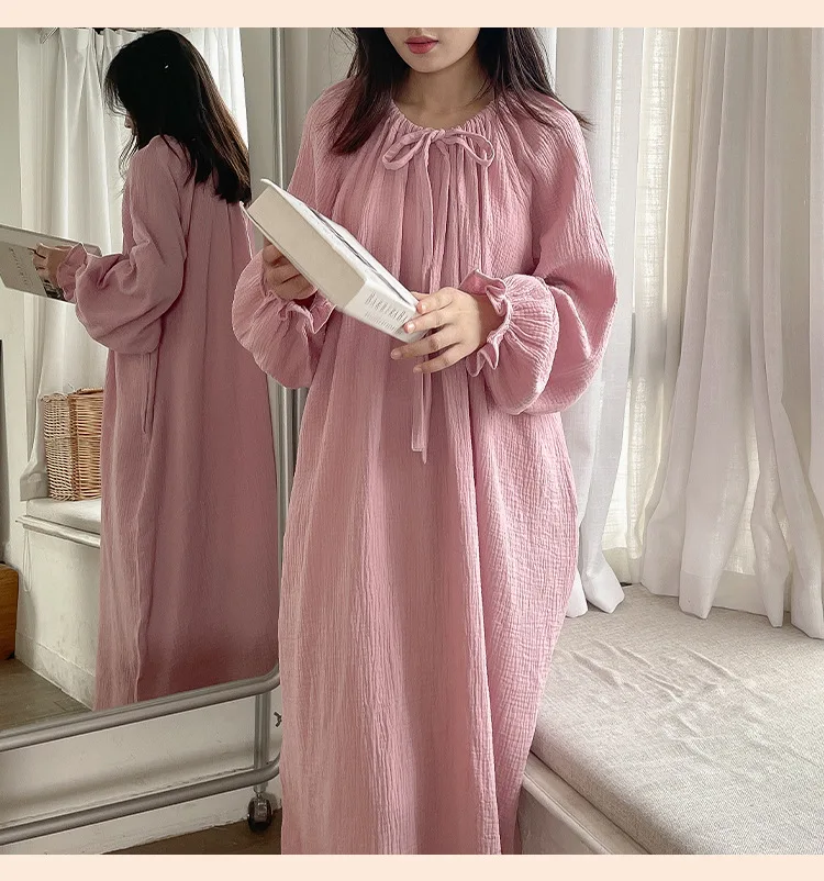 100% Cotton Gauze Maxi Dresses For Women Casual Solid Long Sleeve Bandage Lace Up Oversized Long Dresses Comfortable Homewear