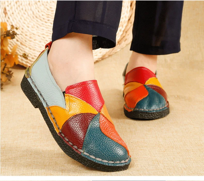 Designer Patches Ballet Flats Woman Luxury Vintage Shoes Big Size 42 Women's Genuine Leather Driver Moccasin Mom Rainbow Loafers
