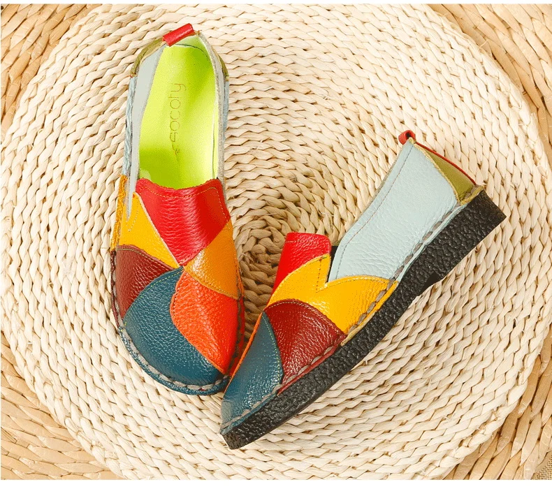Designer Patches Ballet Flats Woman Luxury Vintage Shoes Big Size 42 Women's Genuine Leather Driver Moccasin Mom Rainbow Loafers