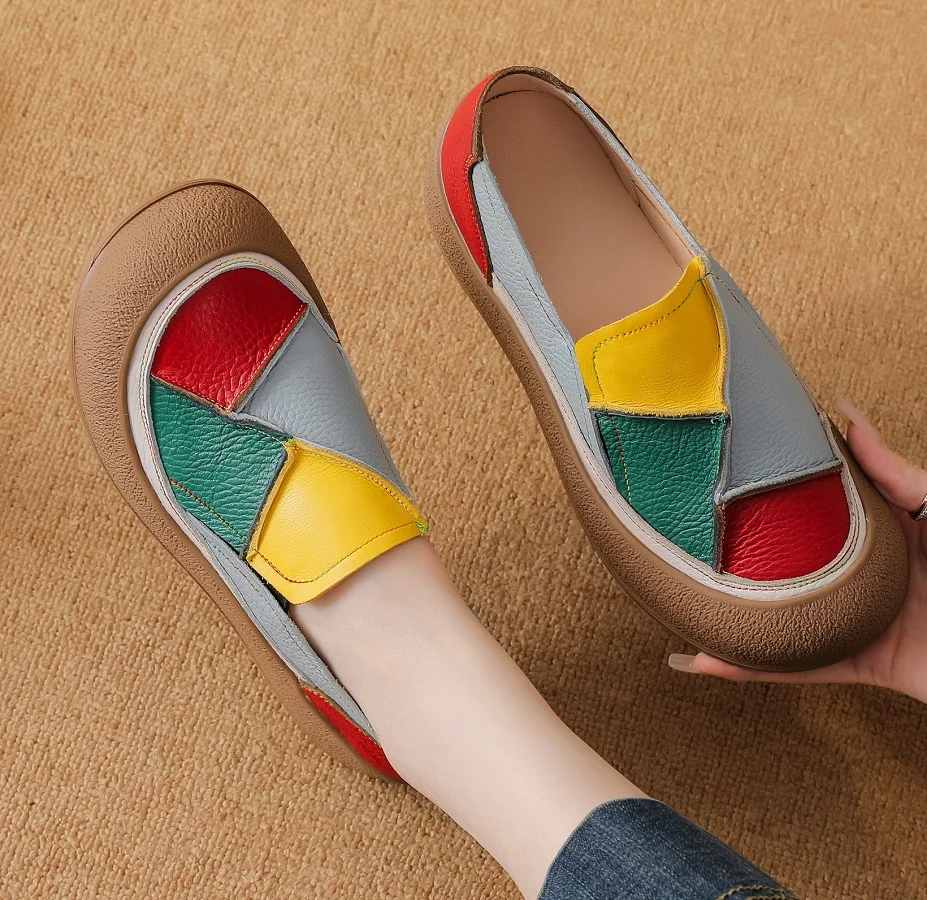 Designer Patches Ballet Flats Woman Luxury Vintage Shoes Big Size 42 Women's Genuine Leather Driver Moccasin Mom Rainbow Loafers