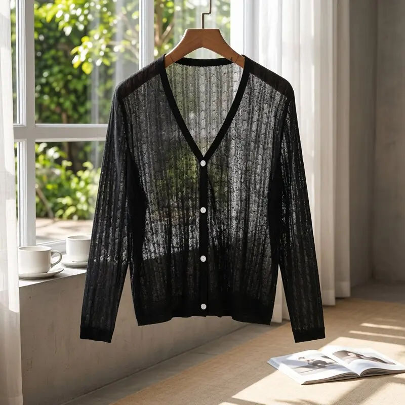 Summer Cardigan Women V-neck Female Korean Fashion Style Long Sleeve Top Cropped Girls Knitted Ladies Sweaters Women's Coat Cute