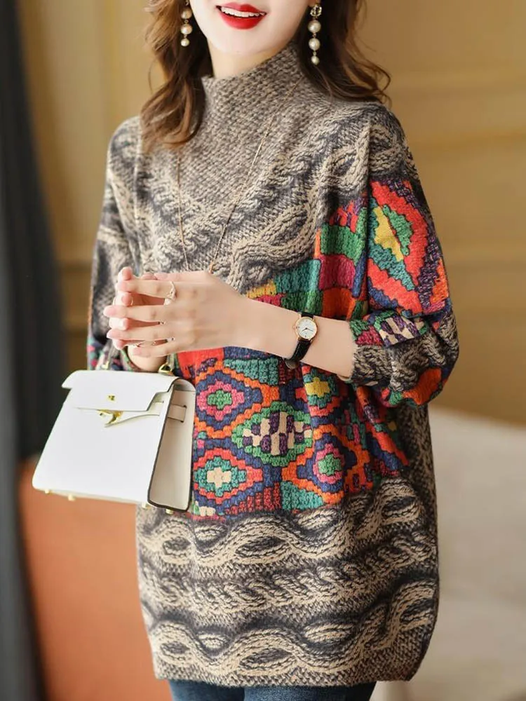 Amax luluE Fall Fashion Turtleneck Sweaters Womens Loose Casual Printed Knitted Pullover Clothes Vintage Luxury Jumpers Knitwear