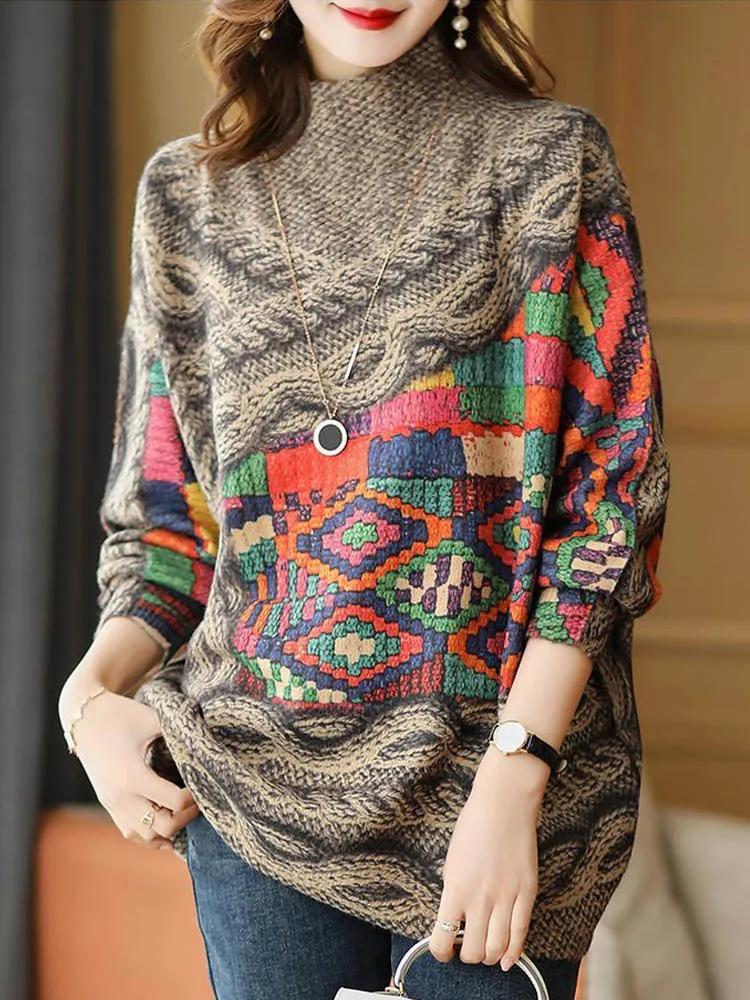 Amax luluE Fall Fashion Turtleneck Sweaters Womens Loose Casual Printed Knitted Pullover Clothes Vintage Luxury Jumpers Knitwear