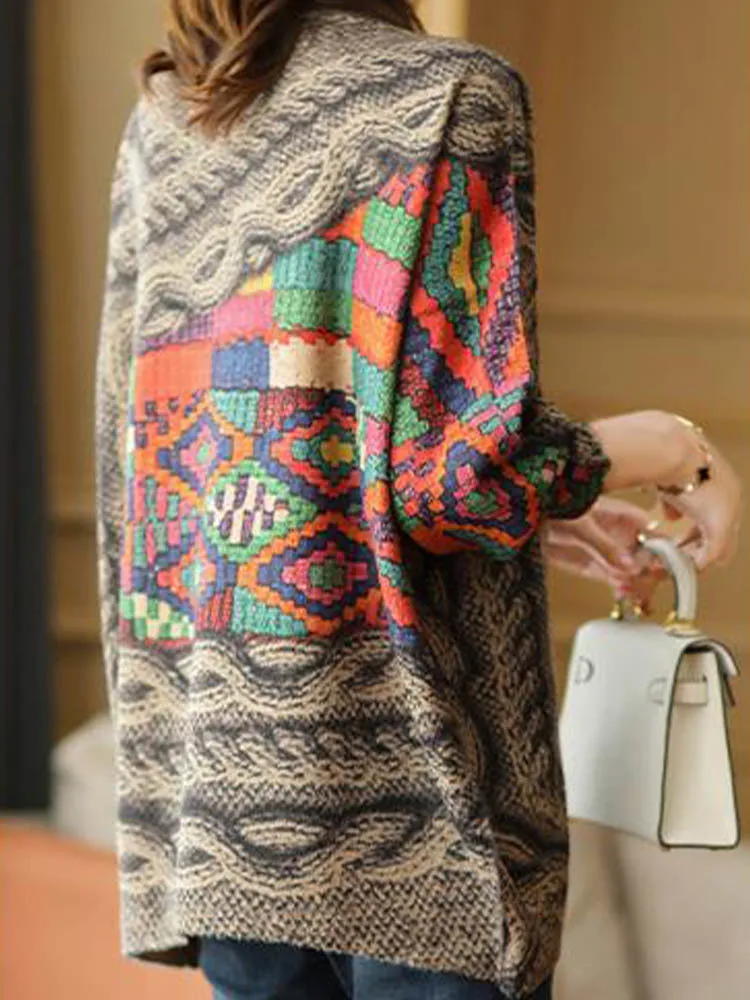 Amax luluE Fall Fashion Turtleneck Sweaters Womens Loose Casual Printed Knitted Pullover Clothes Vintage Luxury Jumpers Knitwear