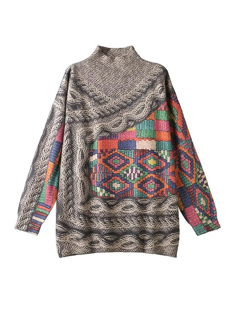 Amax luluE Fall Fashion Turtleneck Sweaters Womens Loose Casual Printed Knitted Pullover Clothes Vintage Luxury Jumpers Knitwear
