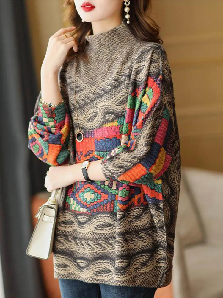 Amax luluE Fall Fashion Turtleneck Sweaters Womens Loose Casual Printed Knitted Pullover Clothes Vintage Luxury Jumpers Knitwear