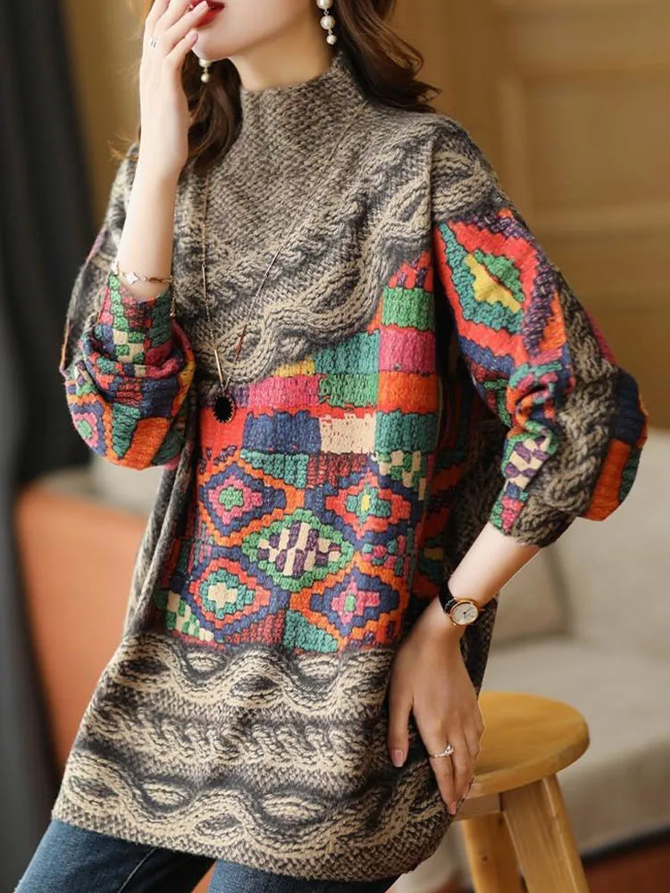 Amax luluE Fall Fashion Turtleneck Sweaters Womens Loose Casual Printed Knitted Pullover Clothes Vintage Luxury Jumpers Knitwear