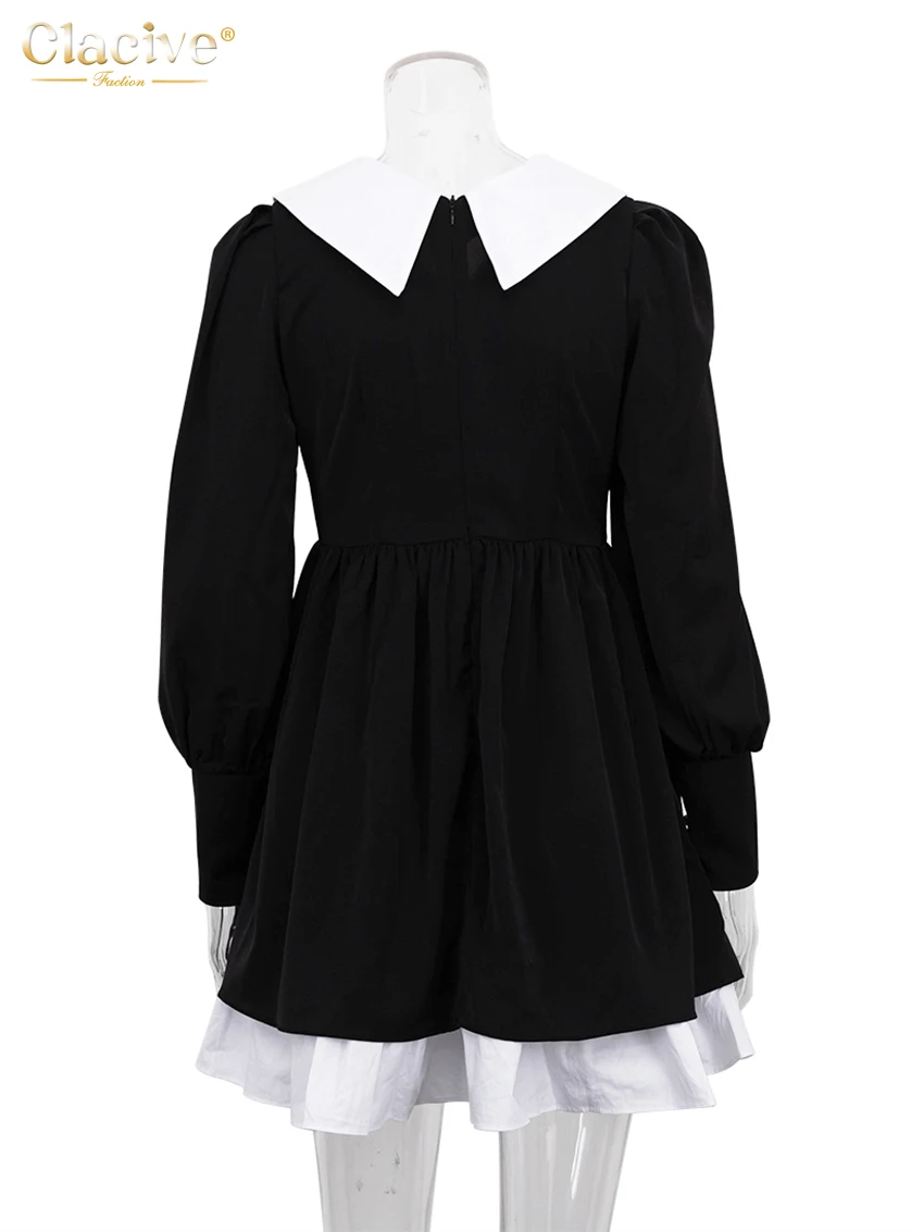 Clacive Fashion Doll Collar Black Dresses For Women 2022 Casual Lantern Sleeve Office Mini Dress Ladies Elegant Patchwork Dress