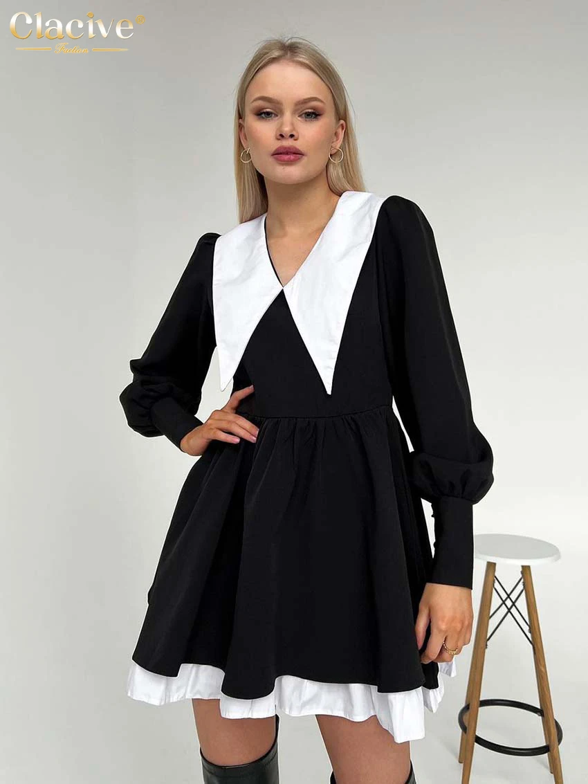 Clacive Fashion Doll Collar Black Dresses For Women 2022 Casual Lantern Sleeve Office Mini Dress Ladies Elegant Patchwork Dress